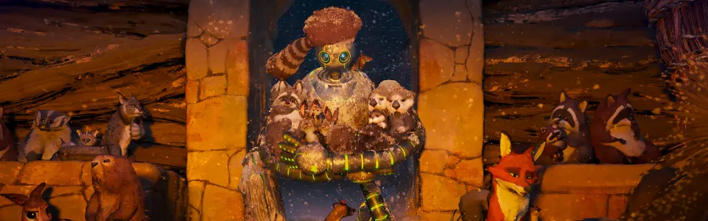 Recensione Il robot selvaggio in foto Roz con Fin e gli animali