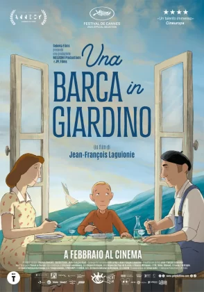 In foto i protagonisti del del film Una barca in giardino nel poster.