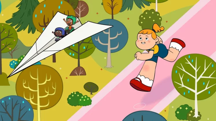 Goldie rincorre un aeroplanino di carta.