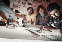 In foto George Lucas e i suoi collaboratori al lavoro su alcuni film.