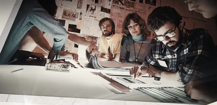 In foto George Lucas e i suoi collaboratori al lavoro su alcuni film.