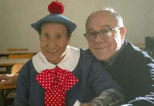 Alvaro Vitali e Carlo Verdone durante le riprese di Vita da Carlo 4.