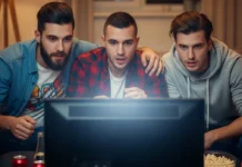 In foto tre spettatori guardano un programma streaming in TV.