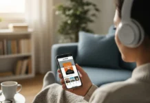 L'immagine di una donna che ascolta un audible con lo smartphone.