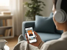 L'immagine di una donna che ascolta un audible con lo smartphone.