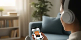 L'immagine di una donna che ascolta un audible con lo smartphone.