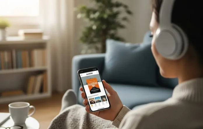 L'immagine di una donna che ascolta un audible con lo smartphone.