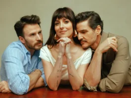 Chris Evans, Dakota Johnson e Pedro Pascal nel film Material Love.
