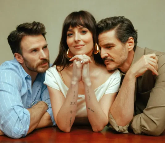 Chris Evans, Dakota Johnson e Pedro Pascal nel film Material Love.