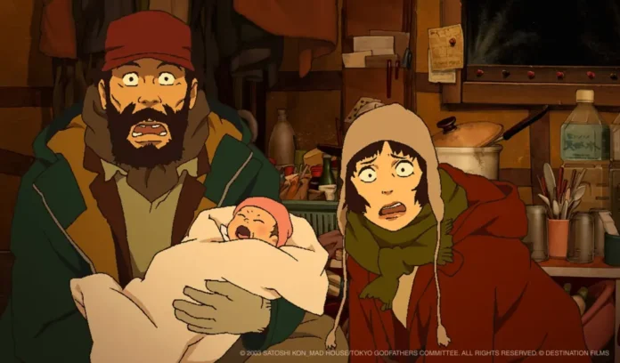 Una scena dall'anime Tokyo Godfathers.