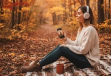 Una ragazza ascolta un audible in un paesaggio autunnale.
