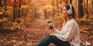 Una ragazza ascolta un audible in un paesaggio autunnale.