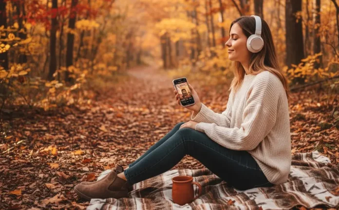 Una ragazza ascolta un audible in un paesaggio autunnale.