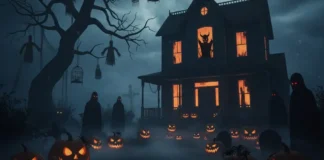 Una immagine con spaventose zucche di Halloween.