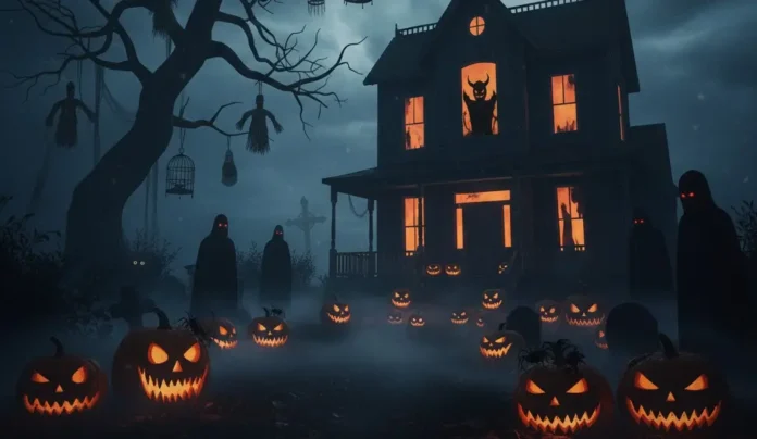 Una immagine con spaventose zucche di Halloween.