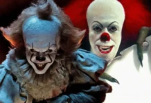 Bill Skarsgård e Tim Curry nei panni del clown Pennywise.