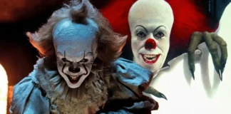 Bill Skarsgård e Tim Curry nei panni del clown Pennywise.