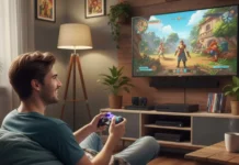 In foto un ragazzo gioca ai videogames nel salotto della sua casa.