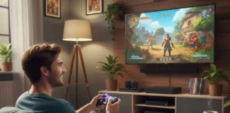 In foto un ragazzo gioca ai videogames nel salotto della sua casa.