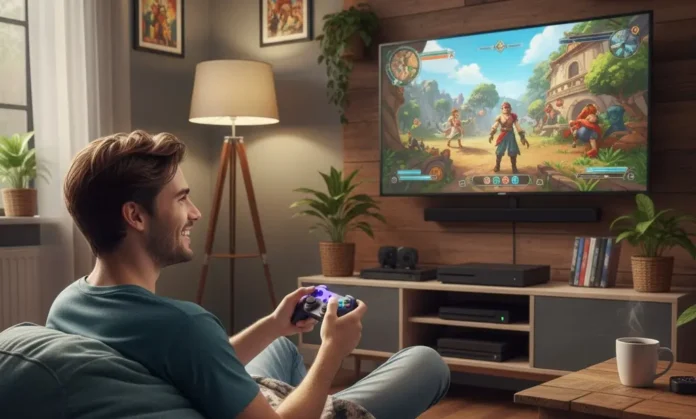 In foto un ragazzo gioca ai videogames nel salotto della sua casa.