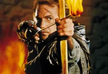Kevin Costner nella locandina del film Robin Hood.
