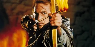 Kevin Costner nella locandina del film Robin Hood.