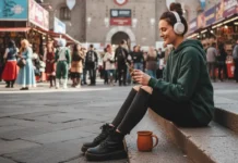 In foto una ragazza che ascolta un Audible a Lucca Comics & Games.