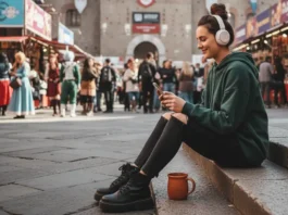 In foto una ragazza che ascolta un Audible a Lucca Comics & Games.