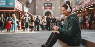 In foto una ragazza che ascolta un Audible a Lucca Comics & Games.