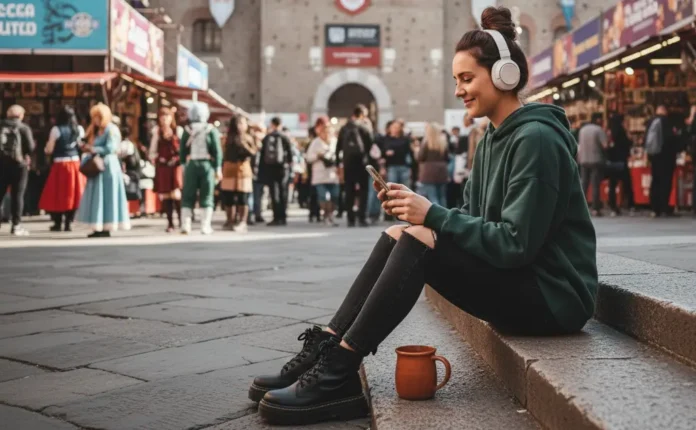 In foto una ragazza che ascolta un Audible a Lucca Comics & Games.