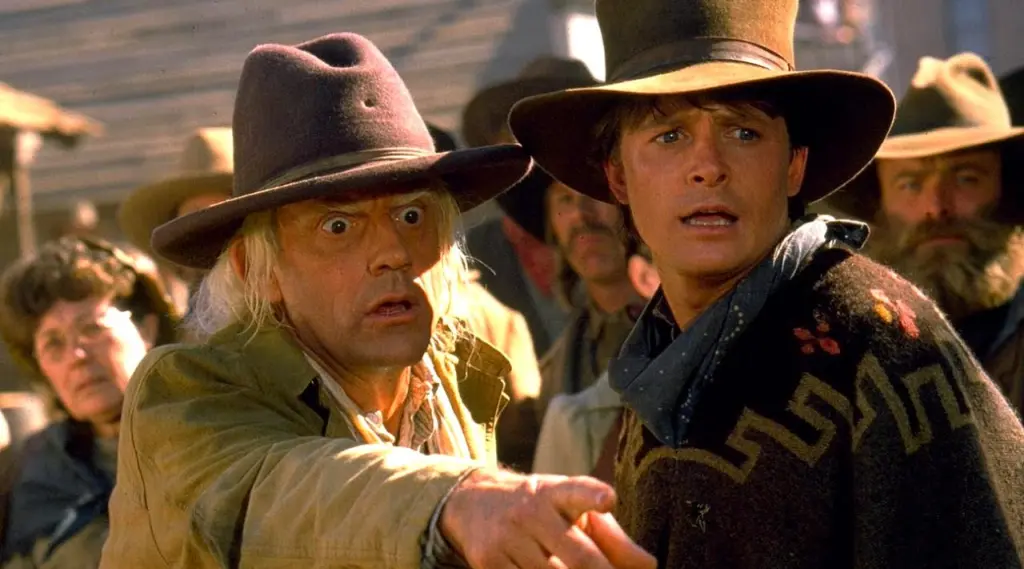 Christopher Lloyd e Michael J. Fox nel film Ritorno al Futuro - Parte III.
