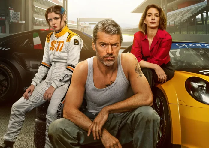 Luca Argentero e Giulia Michelini nel poster della serie Motorvalley.