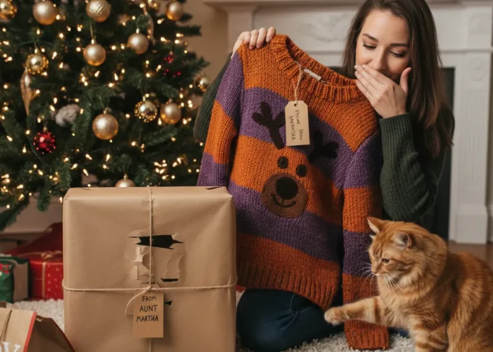 Una immagine in cui viene scartato un regalo di Natale non gradito,