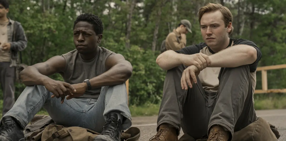 David Jonsson e Cooper Hoffman nel film The Long Walk.