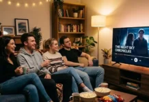 In foto 4 amici che guardano un programma in streaming.