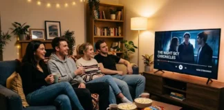 In foto 4 amici che guardano un programma in streaming.