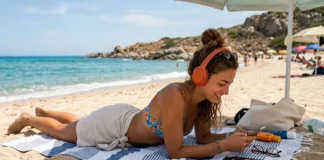 In foto una ragazza che ascolta in spiaggia un audible.