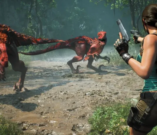 Lara Croft combatte nel videogioco Tomb Raider: Legacy of Atlantis.