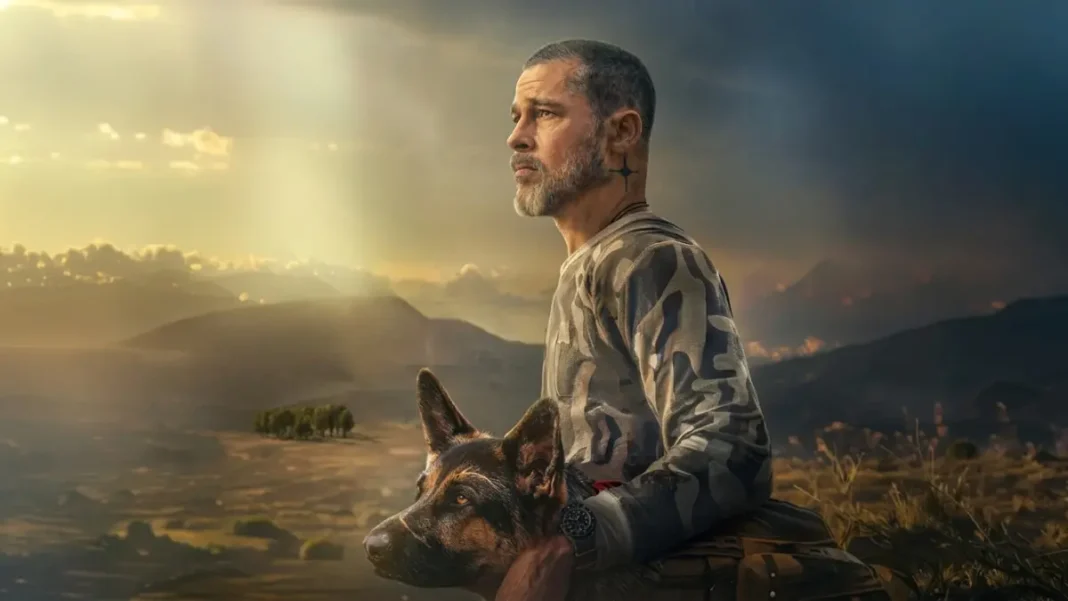 Brad Pitt e il cane Odino nella key-art del film Heart of the Beast.