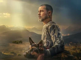 Brad Pitt e il cane Odino nella key-art del film Heart of the Beast.