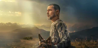 Brad Pitt e il cane Odino nella key-art del film Heart of the Beast.