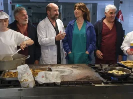Francesco Paolantoni, Antonio Albanese, Virginia Raffaele e Biagio Izzo nel film Salute!